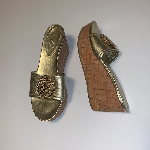 Coach “Judith” Gold Leather Cork Wedges - Women’s Size 7 - Picture 2 of 8